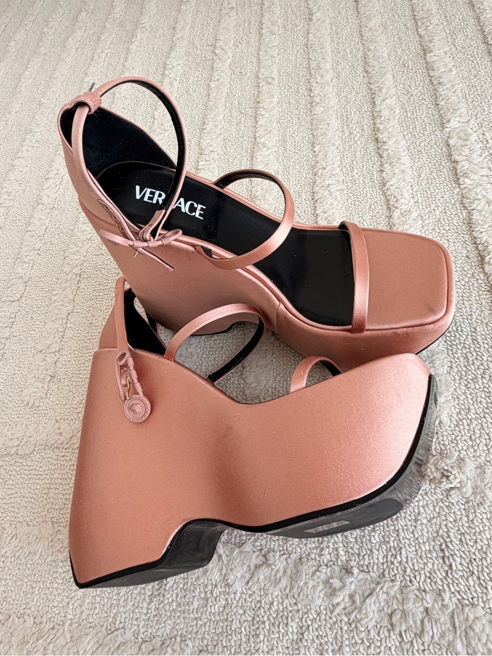 Versace Rose Gold Satin Platform Wedge Sandals / Size US 9.5/10 - Picture 7 of 8